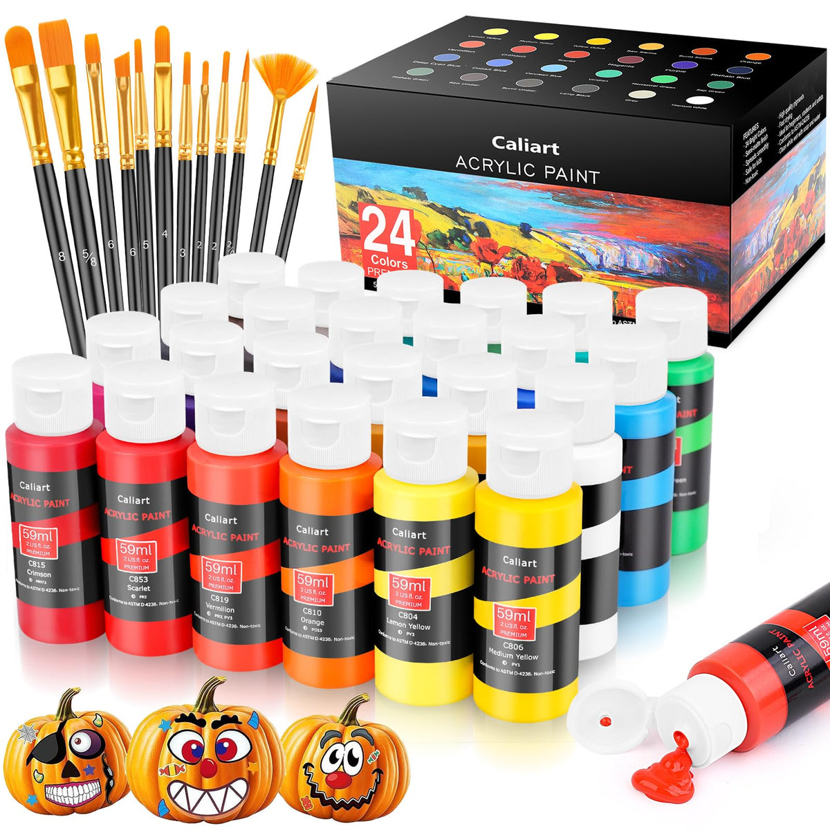 Caliart Acrylic Paint Set of 24 Colors with 12 Brushes