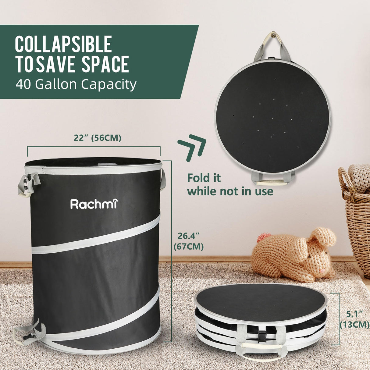 Rachmi 40 Gallon Collapsible Trash Can 2-Pack, Heavy Duty 600D Oxford Reusable Pop-Up Yard Waste Bag for Lawn & Garden Cleanup, Water-Resistant Outdoor Leaf Bin with Spring Frame, 22"x26.4", Black
