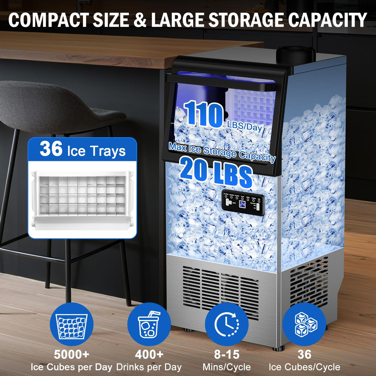 Commercial Ice Maker Machine 110 LBS/24H, 36 Ice Trays Freestanding & Undercounter Ice Machine Stainless Steel with 20 LBS Ice Storage Capacity, Ice Maker with Water Line and Filter, Dual Water Inlet