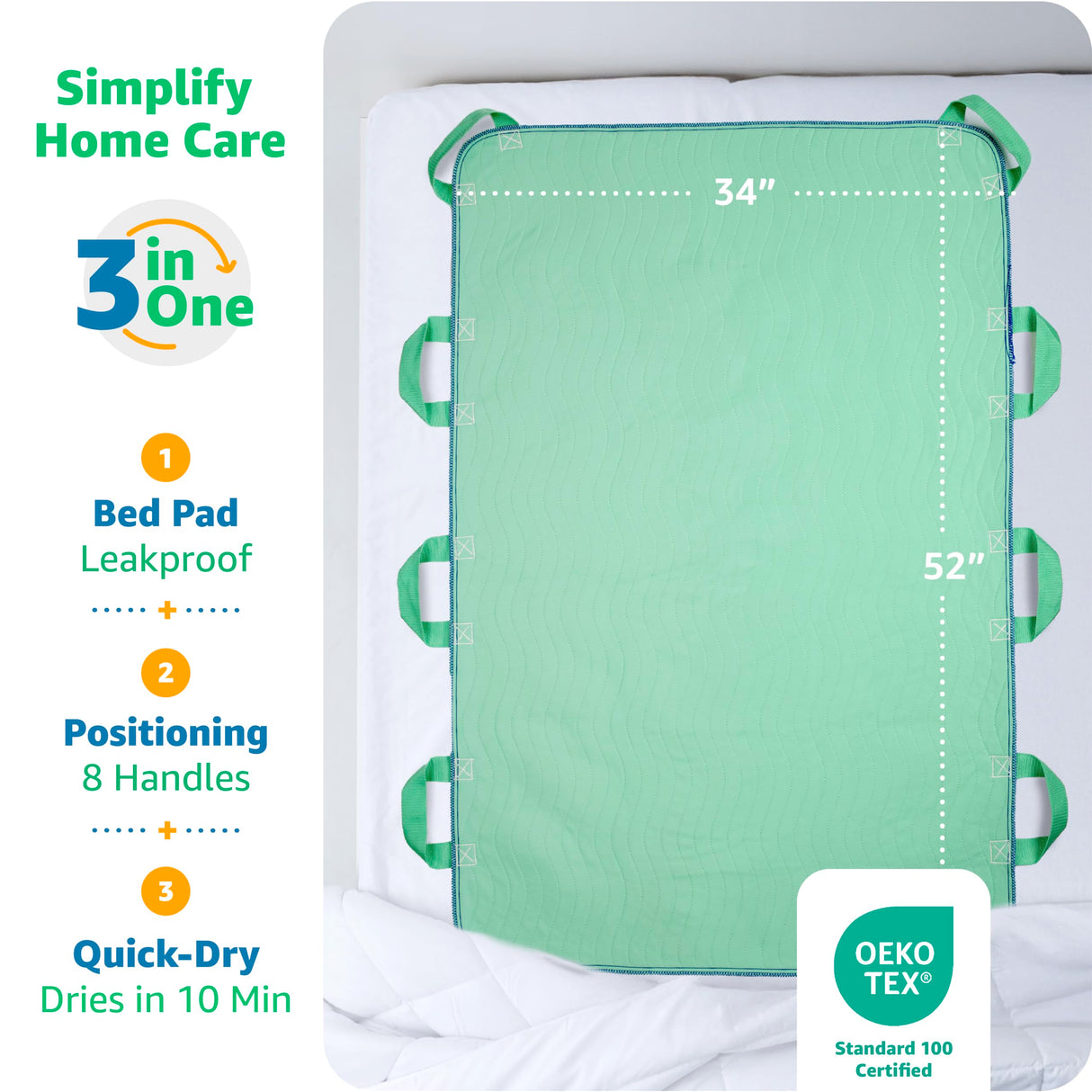 Improvia Positioning Bed Pad 34"x52" with 8 Reinforced Handles, Quick-Drying, Washable, Waterproof, Reusable, Mattress Protection, For Lifting, Turning, Transfering, Elderly and Incontinence patients.