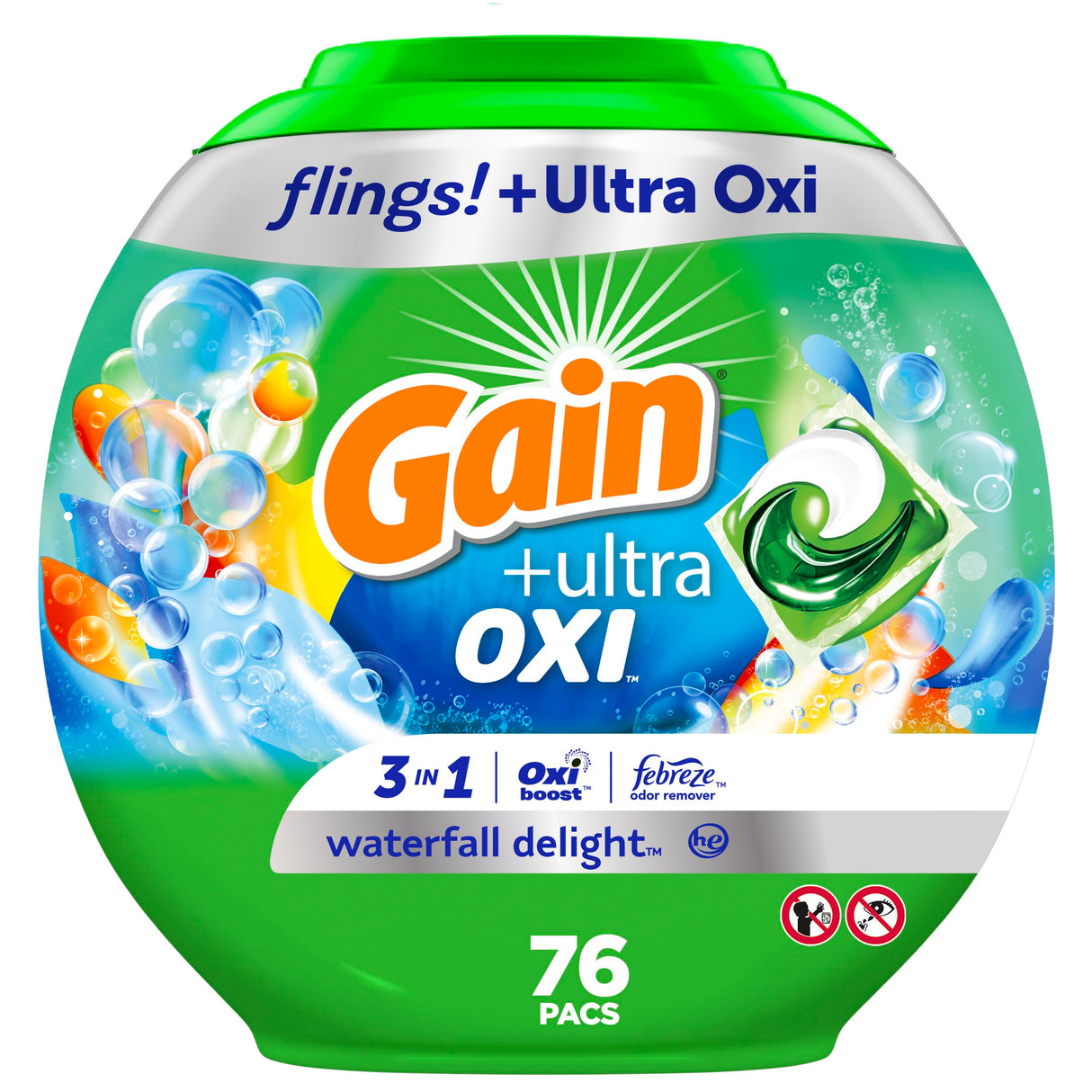 Gain flings Ultra Oxi Laundry Detergent Pacs 3-in-1 HE Compatible, Waterfall Delight Scent, 76 Count