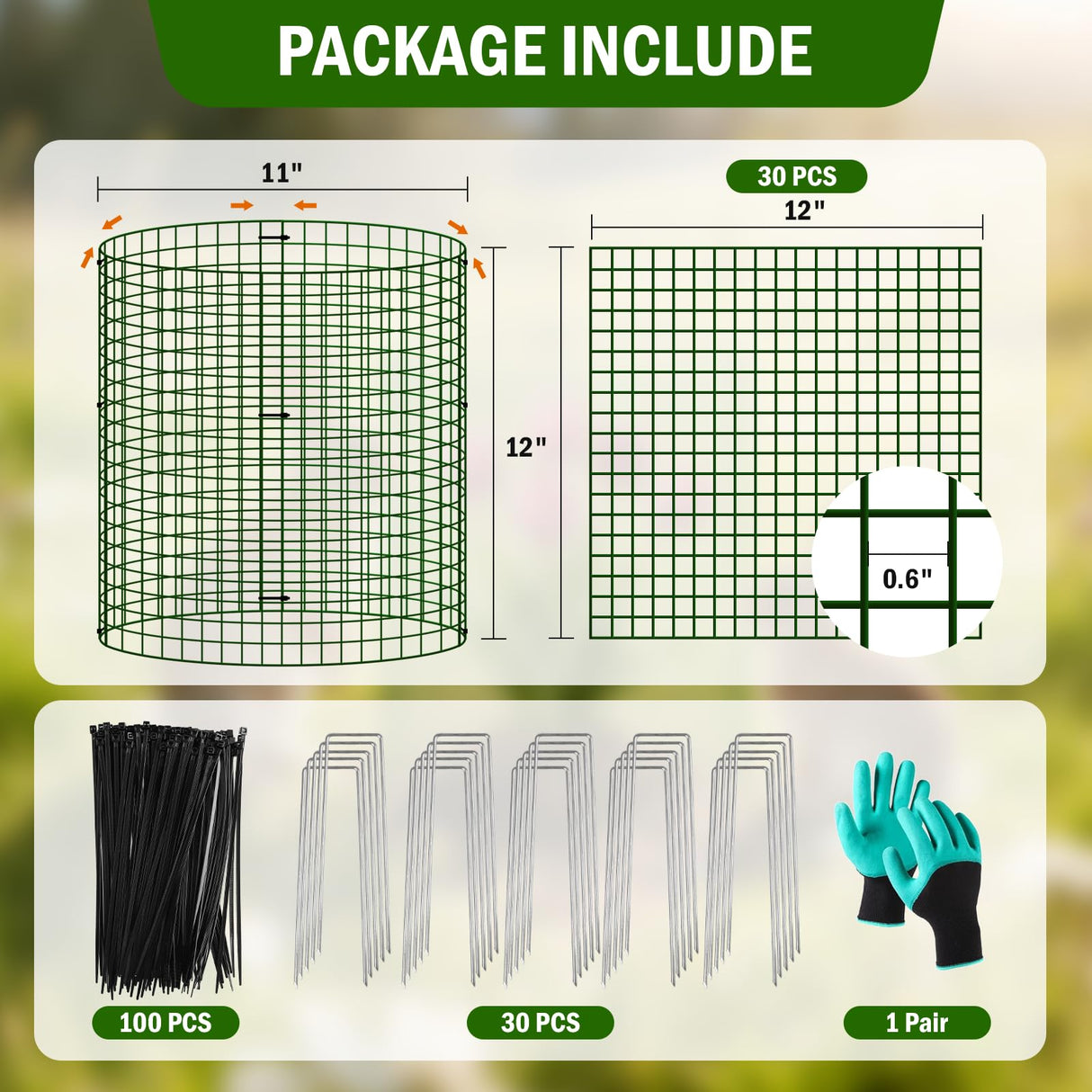 Uyittour 10 Pack Plant Protectors from Animals, 12" x 12" Round Metal Wire Garden Plant Cages to Keep Animals Out, Rabbit Proof Protection for Vegetables & Flowers with Stakes, Zip Ties & Gloves