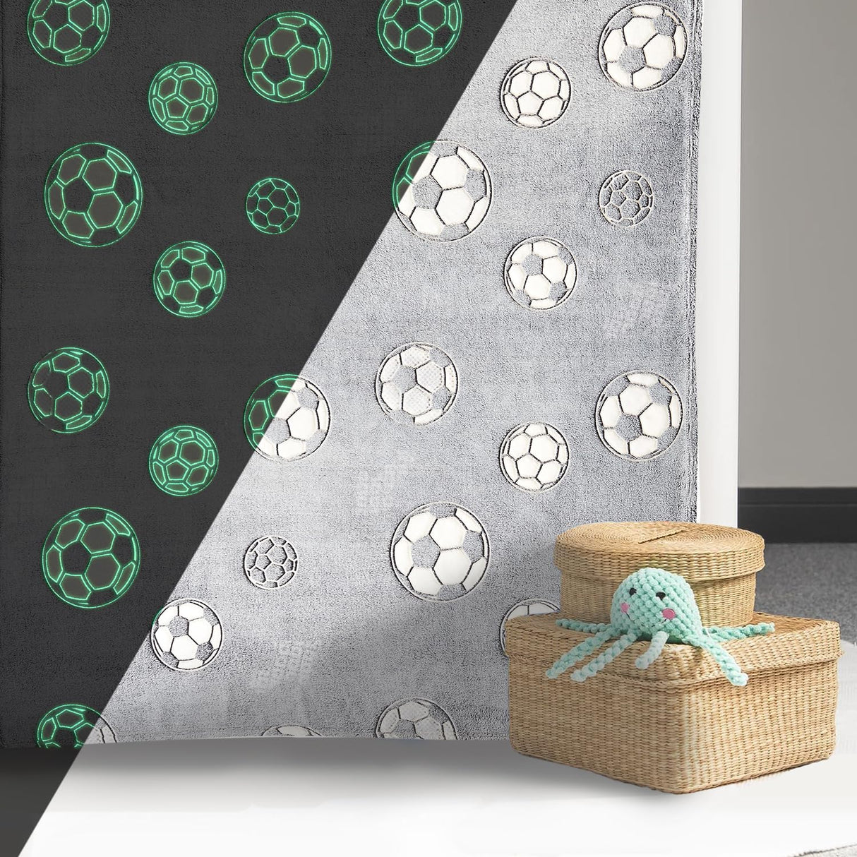 Wajade Soccer Gifts Toys for Boys Girls - Glow in The Dark Soccer Blanket Birthday Christmas Decor for Kids Age 3 4 5 6 7 8 9 10 11 12 Years Old Teens Child Toddler Throw Light Grey 60"x80"