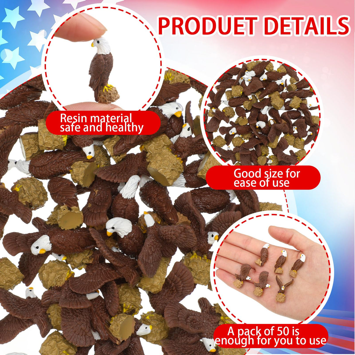 Soulchen 50 Pcs Patriotic Mini Resin Bald Eagle 250th Anniversary Figurines Tiny Resin Animals Eagle Statue for Veterans Day Miniature Garden Office Home Cake Topper Decor Gift (Mixed Style)