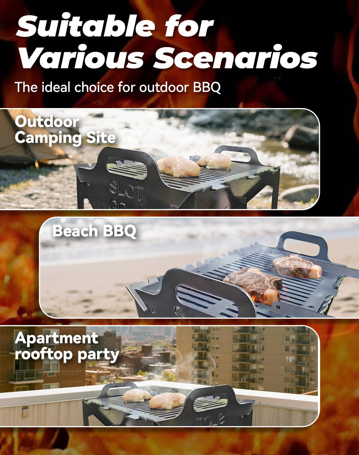 Slot Grill - Collapsible Bbq Grill For Easy Storage Steel, Stainless Steel Portable Slot Grill Collapsible Bbq Grill For Travel, Party, Large Cooking Surface, Adjustable Tool-Free Assembly