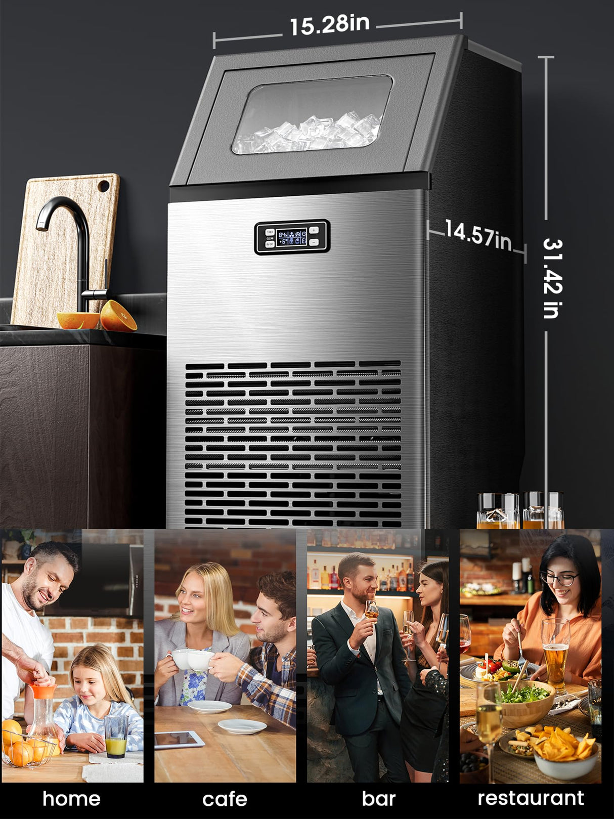 Commercial Ice Maker,2025 Upgraded-101lbs/24H Stainless Steel Ice Machine with 33lbs Storage Capacity, Auto Self-Cleaning, LED Digital Display, 45 Ice Cubes in 12 Mins,Home/Bar/Restaurant