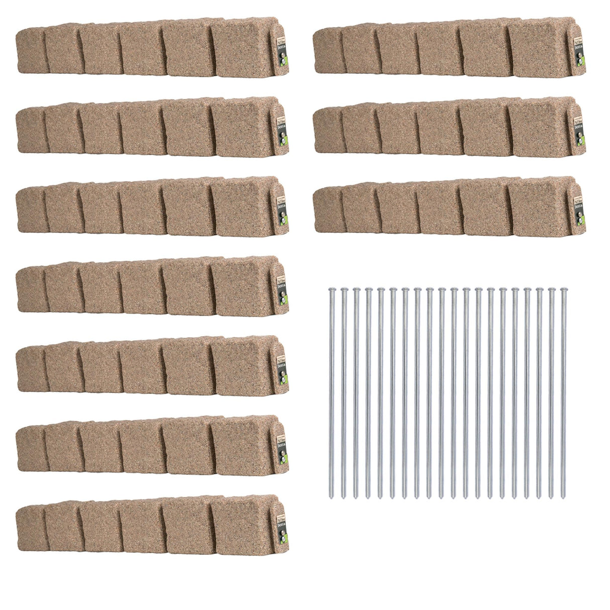 Beuta Landscape Edging | Garden Edging Border | Polyrock Blocks for Lawn Edging, Flower Beds & Yard Edging – 10 Pack | Each Section Has 6 Blocks 48" L x 4" W x 6.5" H | 20 Spikes | Sandstone