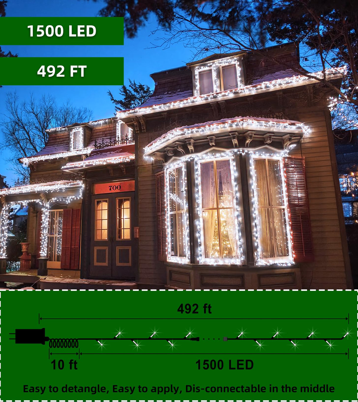 1500 LED 492FT Christmas Lights Outdoors, Green Wire LED String Lights with Timer Memory, Christmas Tree Lights for Indoor Outdoor Christmas Decorations Party Xmas Wedding Garden Patio Cool White
