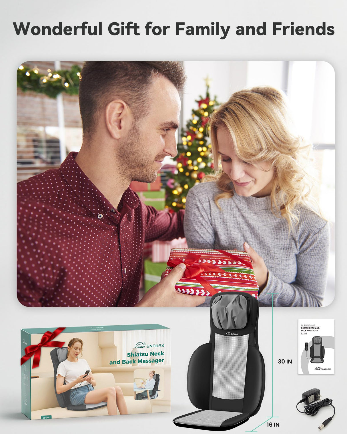 Snailax Shiatsu Neck and Back Massager with Heat, Upgraded Massage Chiar Pad with Compression, Vibration, Chair Seat Massager for Home, Office, Gifts for Men, Women