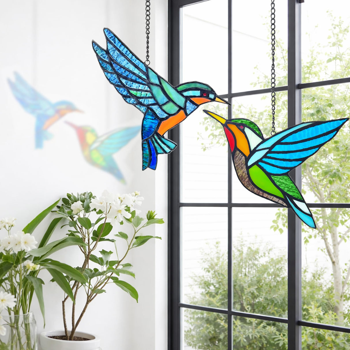 2 Packs Hummingbird Stained Glass Window,Real Handmade Stained Glass Window Hanging,Hummingbird Ornament,Suncatchers Decor for Women Mom Grandma Bird Lovers