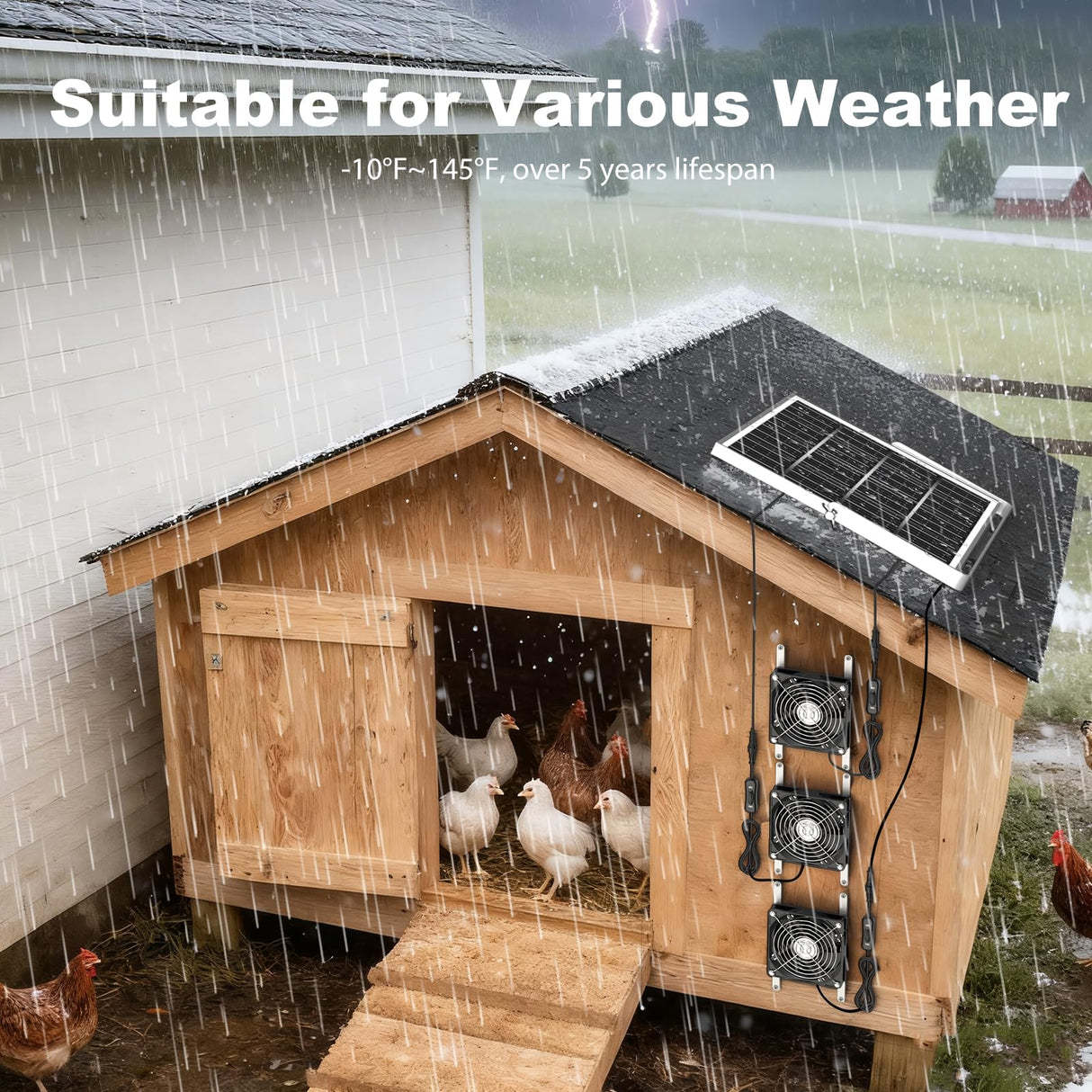 ZIZIWIN 5.5" Solar Chicken Coop Fan 3 Kit, 30W Solar Powered Greenhouse Fan, Solar Exhaust & Intake Fans Outdoor Waterproof, for Outside Shed Doghouse Ventilation Air Circulation Cooling, No Battery