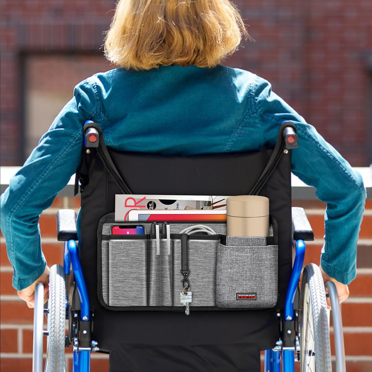 FINPAC Wheelchair Side Storage Bag w/Cup Holder, Wheelchair Armrest Accessories Pouch with Pen Slot and Reflective Strips for Power Walkers, Rollators, Seniors - Gray