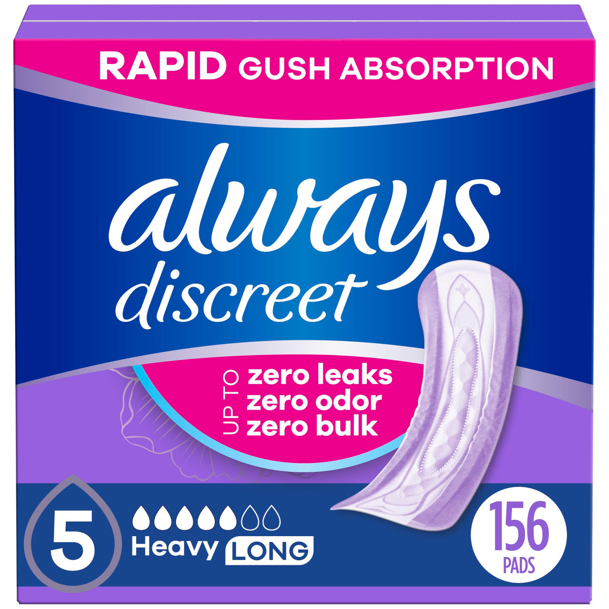 Always Discreet Adult Incontinence Pads for Women, Heavy Absorbency, Long Length, Postpartum Pads, 156 CT