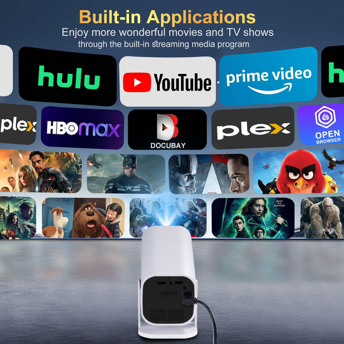 YGSKK Mini Projector with Wifi and Bluetooth, Built-in Apps,Movie Projector