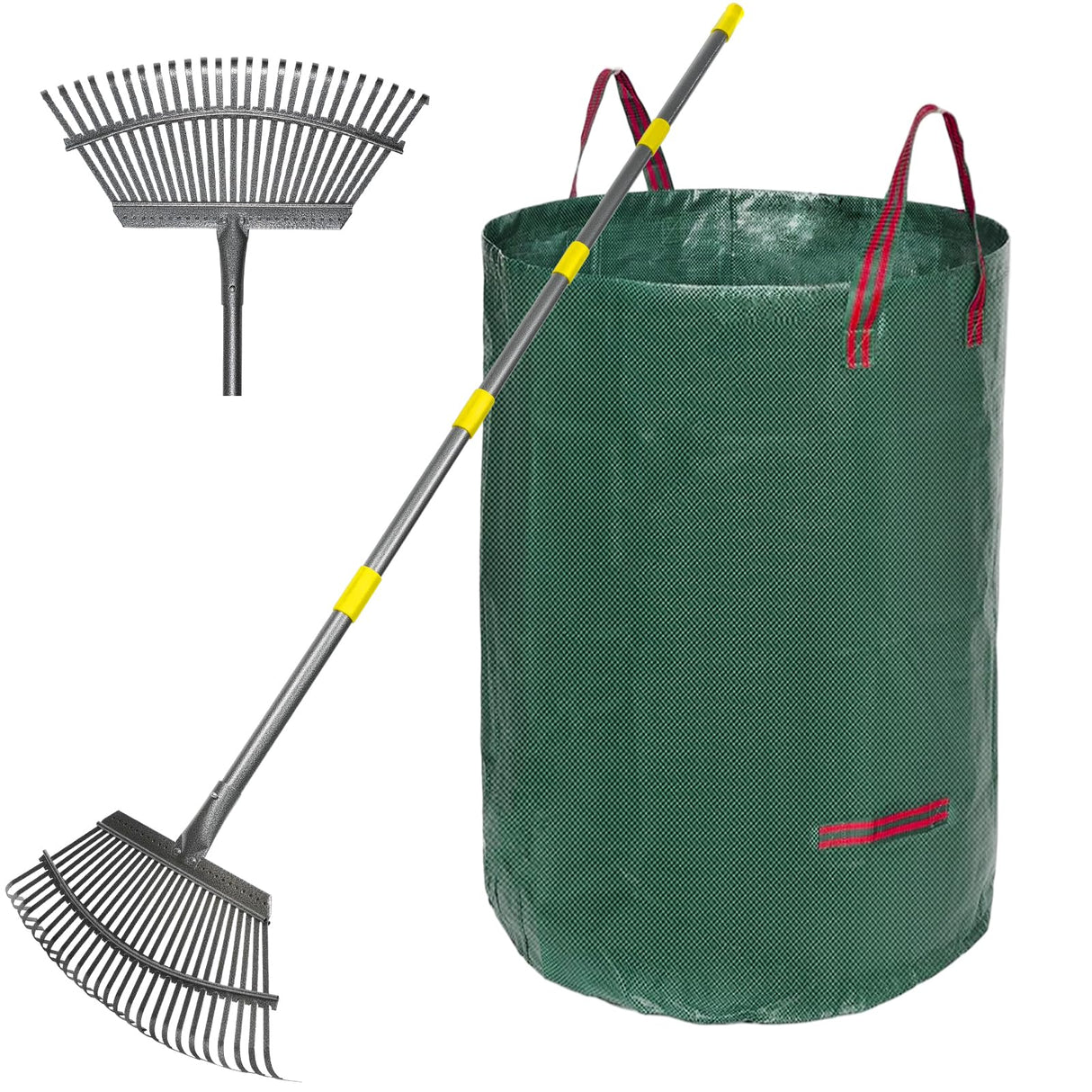 Serqd Adjustable Garden Rake for Leaves 36-73" Long Handle, 18" Wide, Heavy Duty with 25 Metal Tines ,Includes 32Gallon Leaf Bags,Designed for Lawns, Grass, Shrubs ,Flower Beds