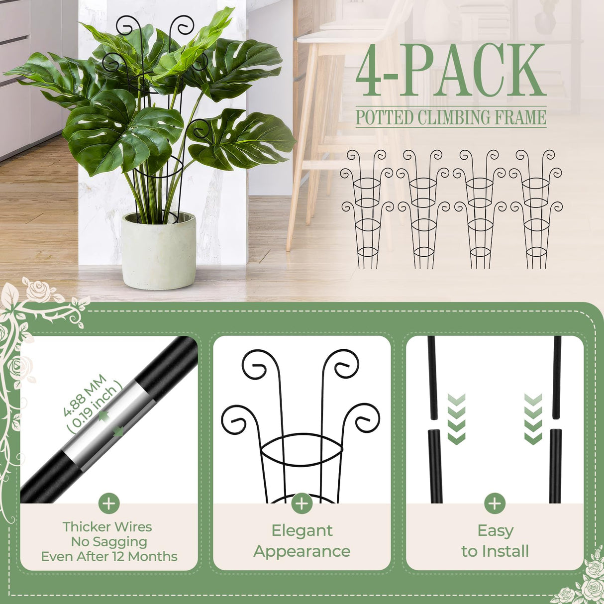 QIAOKAIYAN 4 Pack 30 Inch Tall Metal Plant Trellis for Climbing Plants Indoor - Rustproof Garden Trellis for Potted Houseplants, Sturdy Support for Ivy, Pothos, Monstera, Hoya & Flower Vines