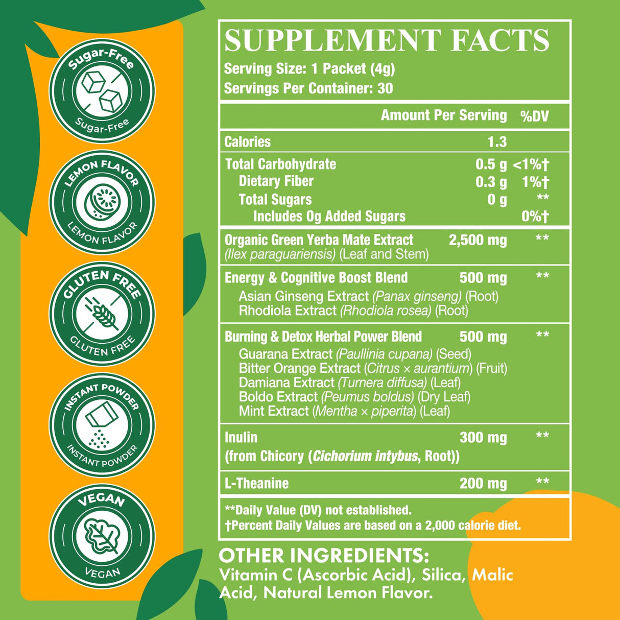 Yerba Mate 4000mg, 10 in 1 Yerba Mate Tea Instant Powder - No Sugar Content, Clean Energy with No Crash, Stay Refreshed and Focused, with Ginseng & Rhodiola, Prebiotic & L-Theanine, 30 Packets (Lemon)