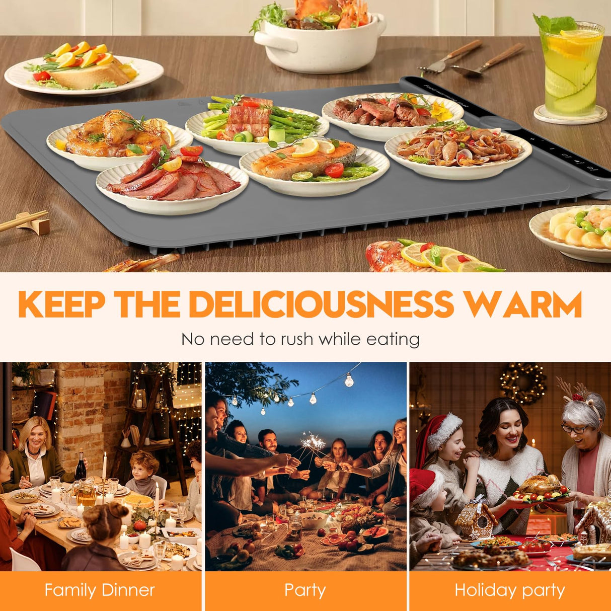 Silicone Warming Mat for Food, Fast Full Surface Heating Electric Warming Tray, 9 Level Temperature Adjustable Warming Kitchen Mat, Roll Up Food Warmer Mat for Countertop, Party, Travel
