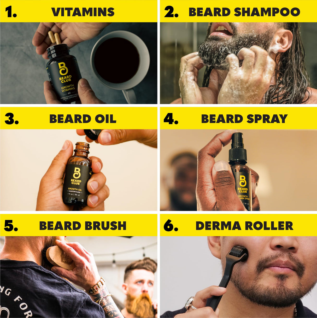 Beard Club Advanced Beard Growth Kit - Derma Roller, Growth Oil, Vitamins and Vitamin Spray, Shampoo and Boar Bristle Brush - Gift Set - Cedar