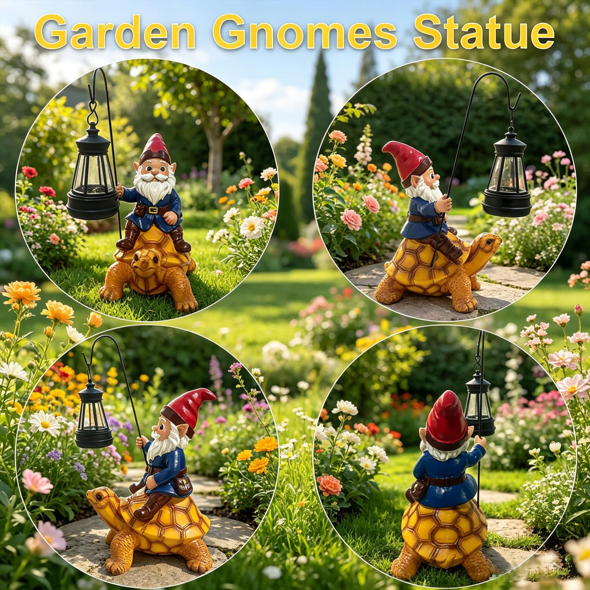 Wlcbomuoe Garden Gnome Decoration, Funny Resin Solar Gnome Statue for Lawn Patio Yard Outdoor Decor, Turtle Riding Gnome Figurine with Lantern, Gift for Women and Men (Gnome-F)