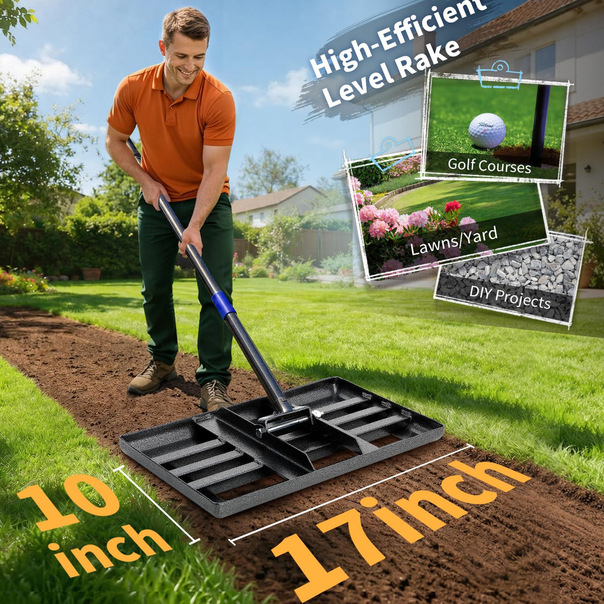 Lawn Leveling Rake, 6 FT Long Lawn Leveler with 17 x 10 Small Rakes Head for Smooth Garss Soil Dirt Sand, High Effect Long Handle Ground Leveling Tool with Round Edge for Yard Garden, No Flip