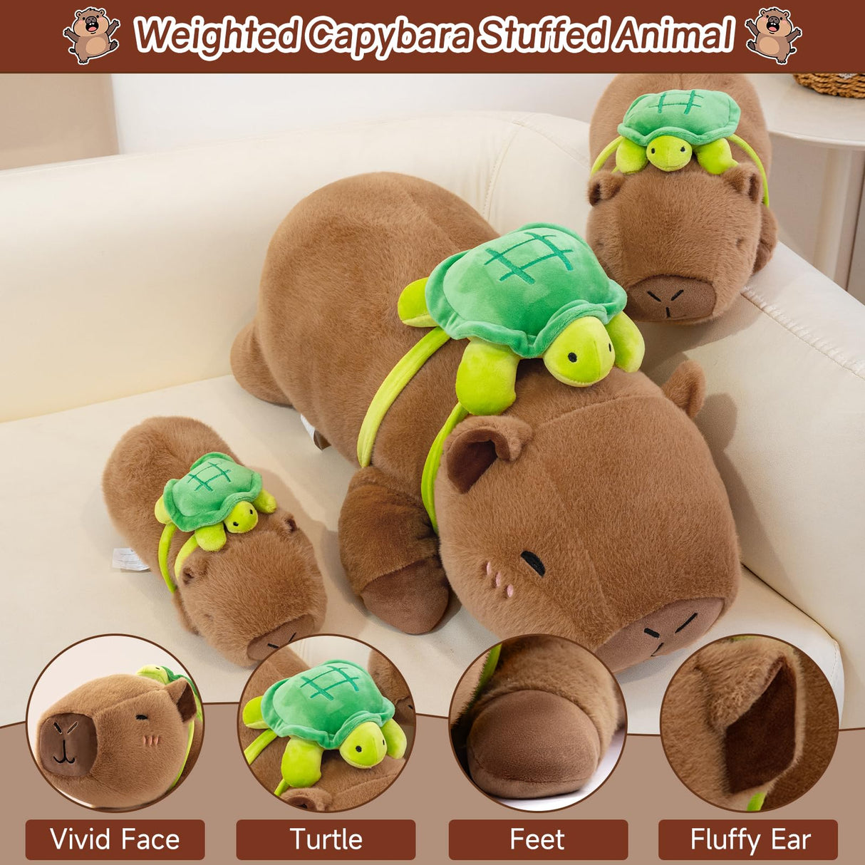 SQEQE Weighted Stuffed Animals Capybara with Turtle Backpack, Weighted Capybara Plush, Cute Plushies Pillow Toy for Bed Time, Christmas & Valentines Gift 23.6 Inch 3.8 Lbs