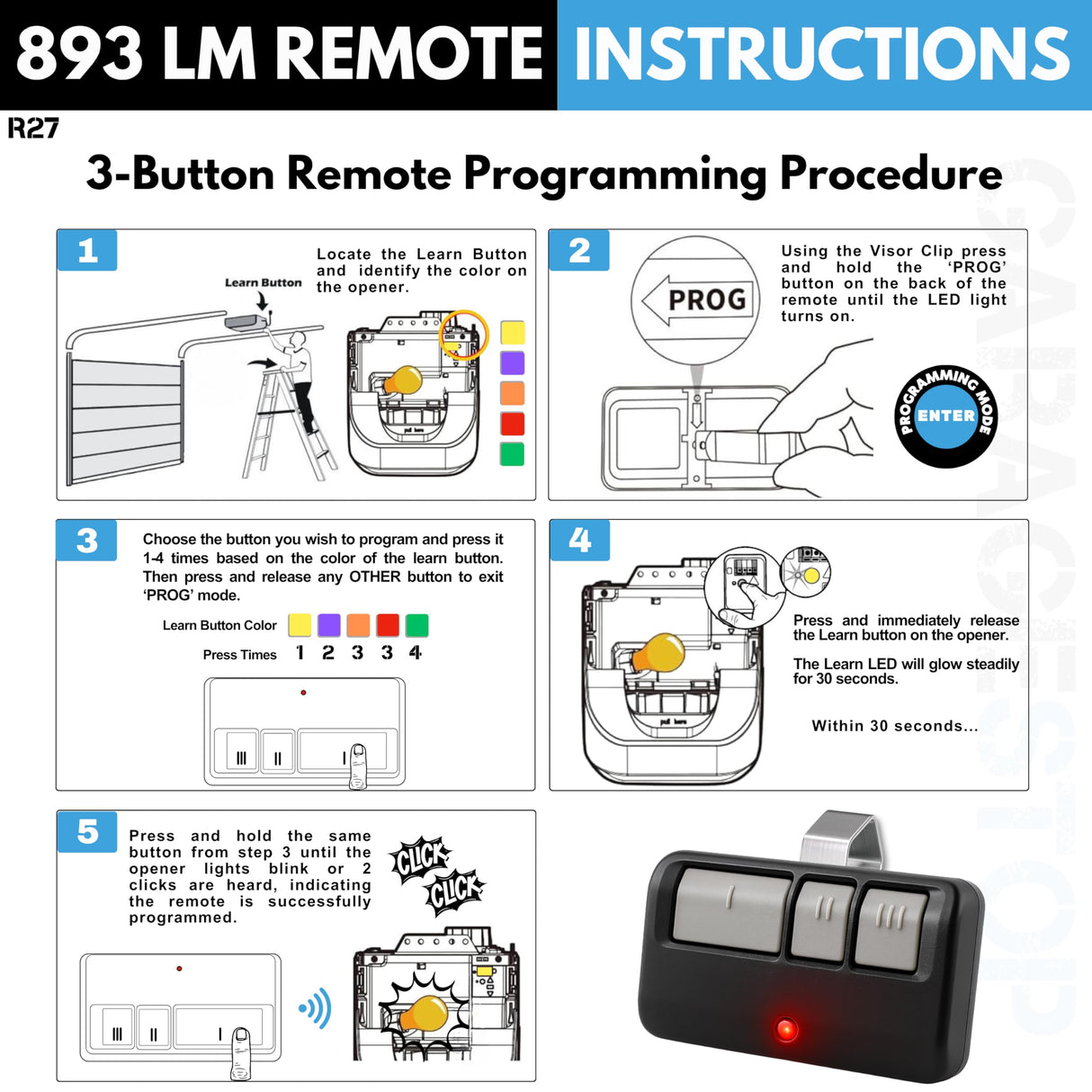 3X for LiftMaster Chamberlain Craftsman Universal Garage Door Opener Remote Replacement, 893LM 893Max 891LM 371LM 373LM 971LM 973LM, Extra Long-Range