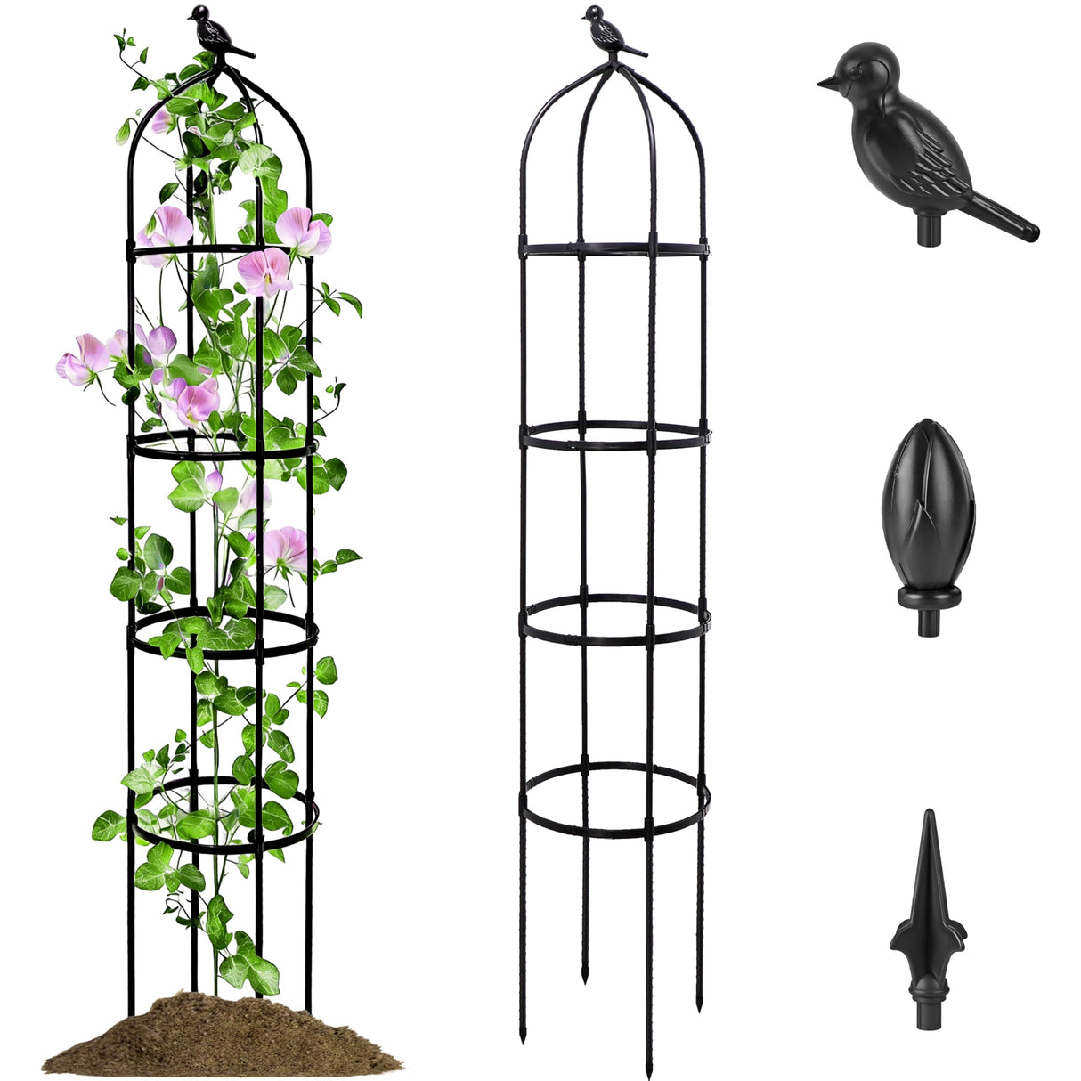 SORANGEUN 1 Pack Garden Obelisk Trellis for Climbing Plants Outdoor, 6FT Adjustable Metal Plant Support with 3 Decorative Tops, Black Rustproof Trellis for Roses, Tomatoes, Clematis & Vines