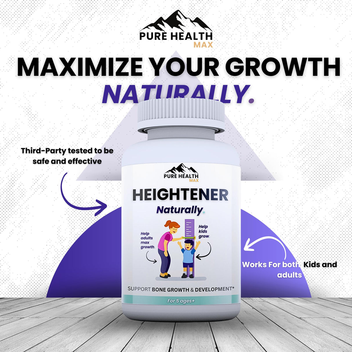 Heightener - Natural Height Growth Supplement for Kids, Teens and Adults to Increase Bone Strength and Grow Taller | Height Maximizer Pills with L-Arginine, Calcium & Zinc | 60 Capsules