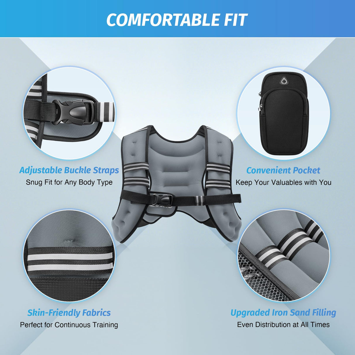 ZELUS Weighted Vest, 6lb/8lb/12lb/16lb/20lb/25lb/30lb Weight Vest with Reflective Stripe for Workout, Strength Training, Running, Fitness, Muscle Building, Weight Loss, Weightlifting, Grey(8 lb)