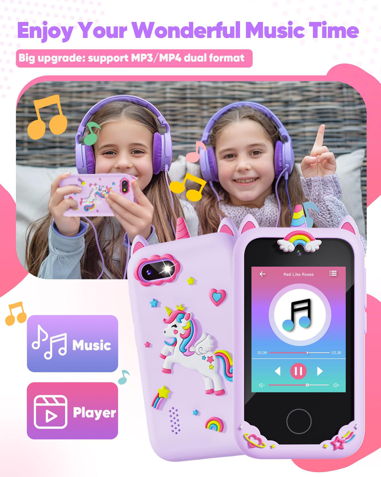 Fiechcco Gifts for Girls Age 6-8 Smart Phone Easter Christmas Stocking Stuffers for Kids Toy for Teenage 3 4 5 7 9 6 8 Year Old Birthday Gift Ideas with 8G SD Card (Purple)