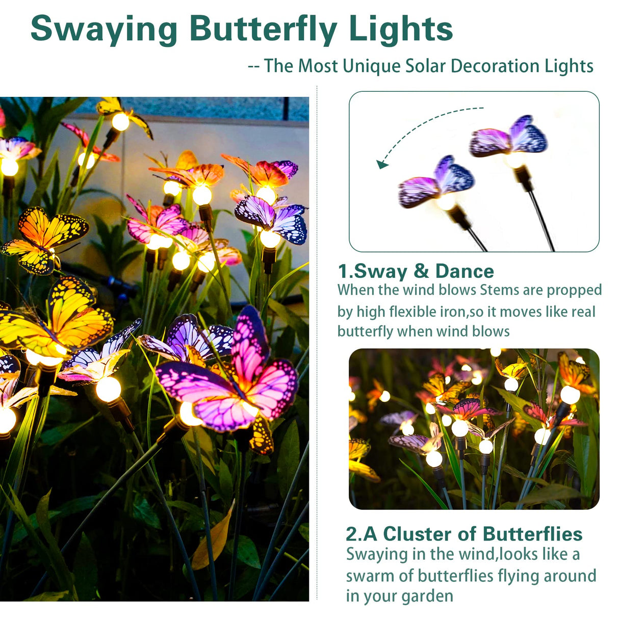 TONULAX Solar Garden Lights - 4 Pack Swaying Butterfly Light, Swaying in The Wind, Solar Outdoor Lights, Yard Patio Pathway Decoration, High Flexibility Iron Wire & Realistic Butterflies(4 Pack)