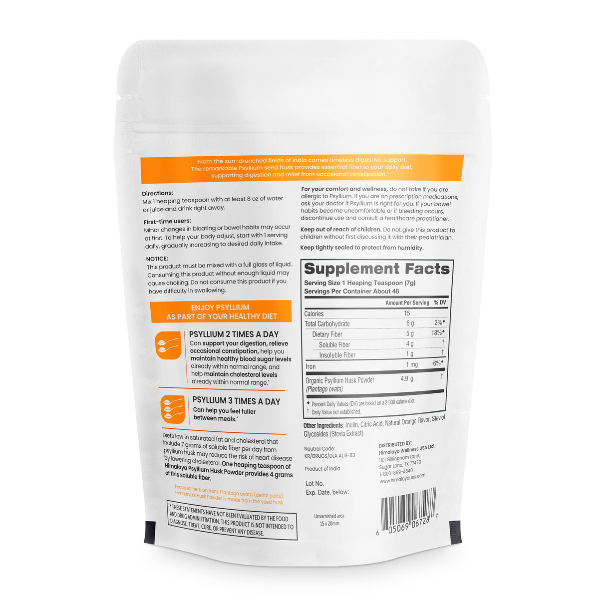 Himalaya Psyllium Husk Powder, Orange, 48 Servings - Daily Fiber Supplement for Supporting Digestive Health and Regularity - Vegan, Non-GMO, Sugar Free, Gluten Free, 12 oz (340 g)