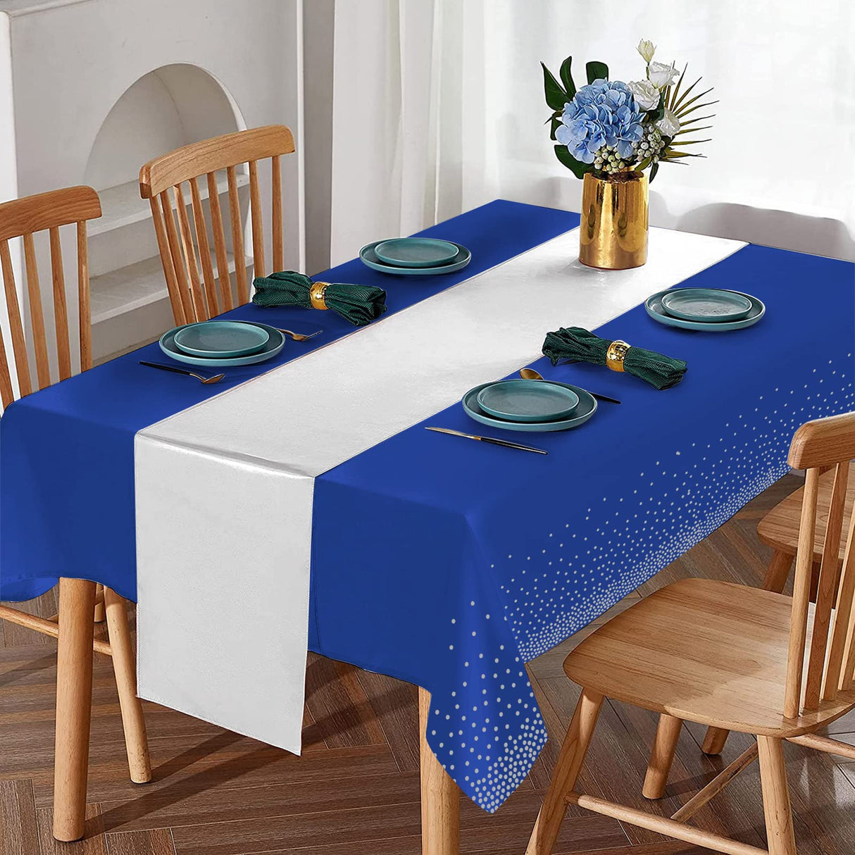 16Pack Disposable Plastic Tablecloths and Satin Table Runner Set Blue and Silver Dot Tablecloth Silver Satin Table Runner for Wedding Birthday Baby Shower Anniversary Christmas New Year Party Supplies