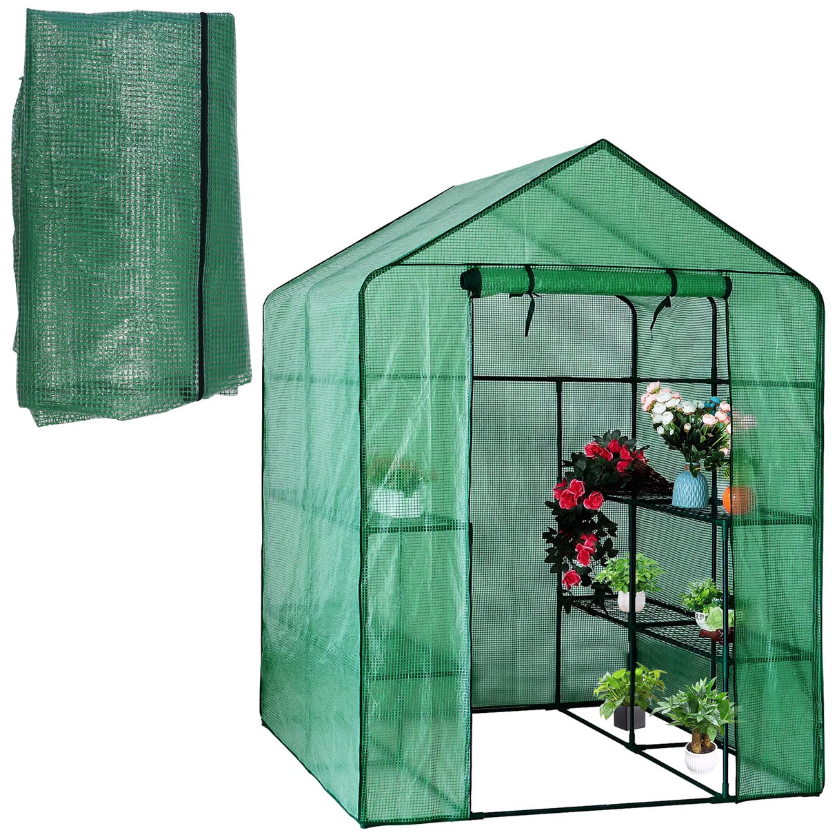 Walk-in Greenhouse Replacement Cover with Roll-Up Zipper Door, 56ร56ร76 inch PE Greenhouse Cover Protect Outdoor Gardening Plants from Cold Frost๏ผWaterproof and UV Resistant(Frame Not Include)