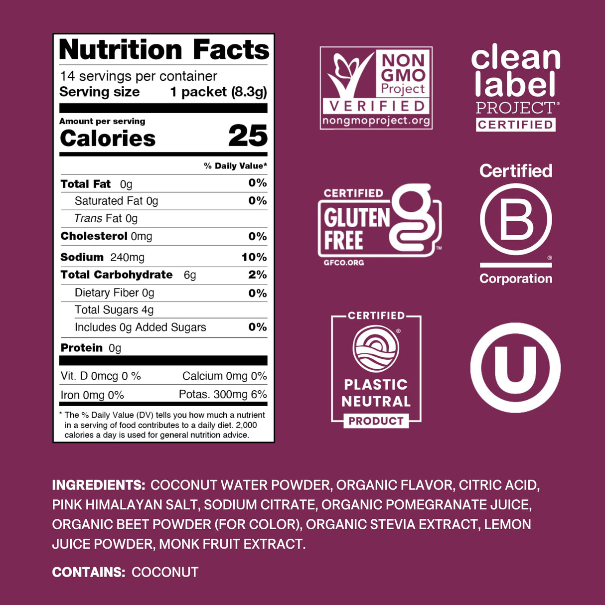 Cure Hydration | Plant-Based Electrolyte Drink Mix | No Added Sugar | FSA & HSA | Dehydration Relief Powder Made with Coconut Water | Non-GMO | Vegan | Pouch of 14 Packets - Berry Pomegranate