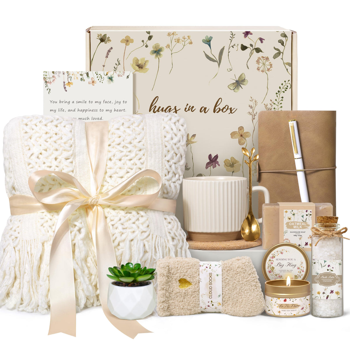 Lepiche Birthday Gifts for Women, Get Well Soon Self Care Package Box, Sending Hug Baskets Thinking of You Inspirational Gift for New Mom Best Friend Birthday (Ivory)