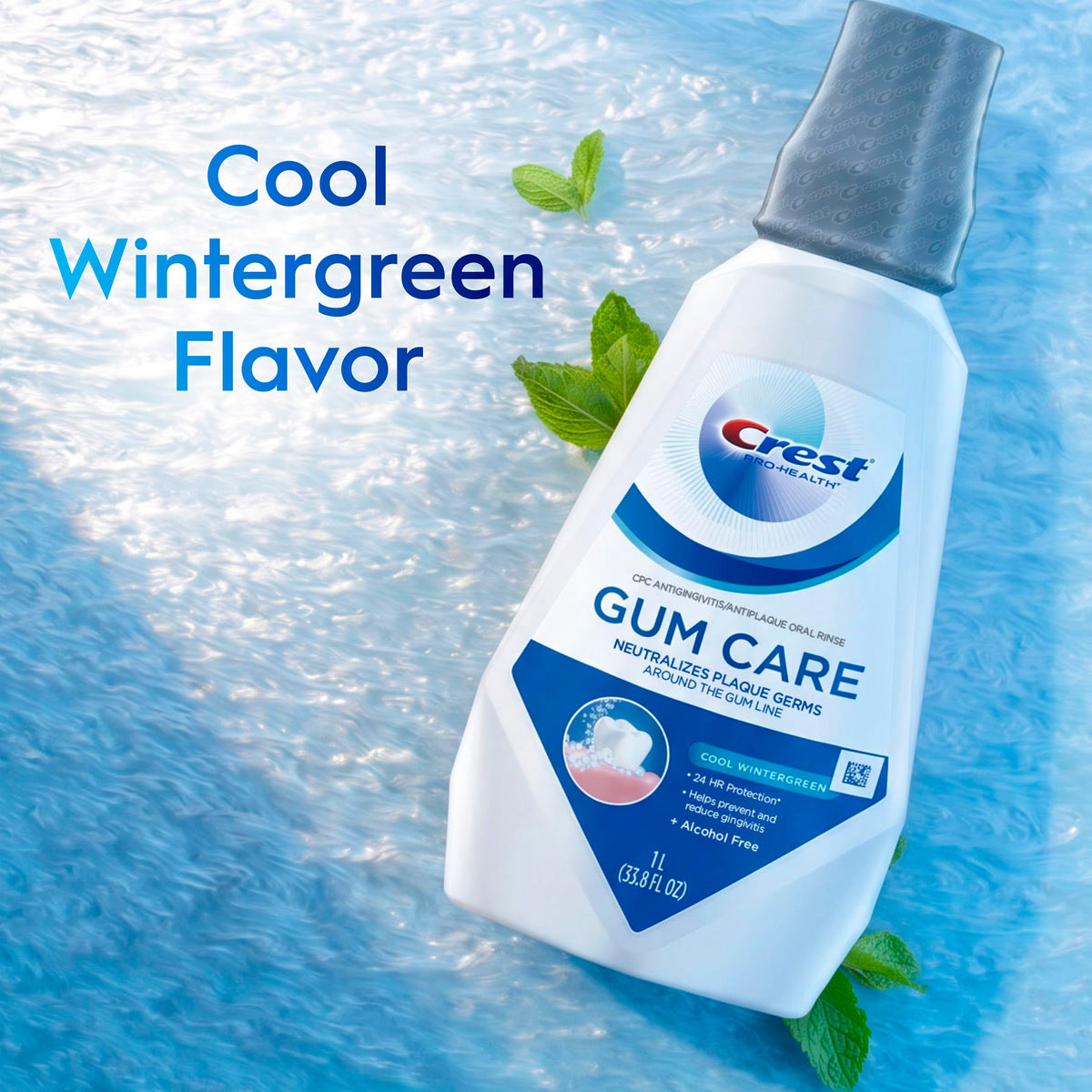 Crest Gum Care Alcohol Free Mouthwash, Cool Wintergreen, Value Twin Pack, 2 x 1L (33.8 fl oz) Bottles, Helps Prevent & Reduce Gingivitis, Neutralizes Plaque Around the Gum Line, No Burn Oral Rinse
