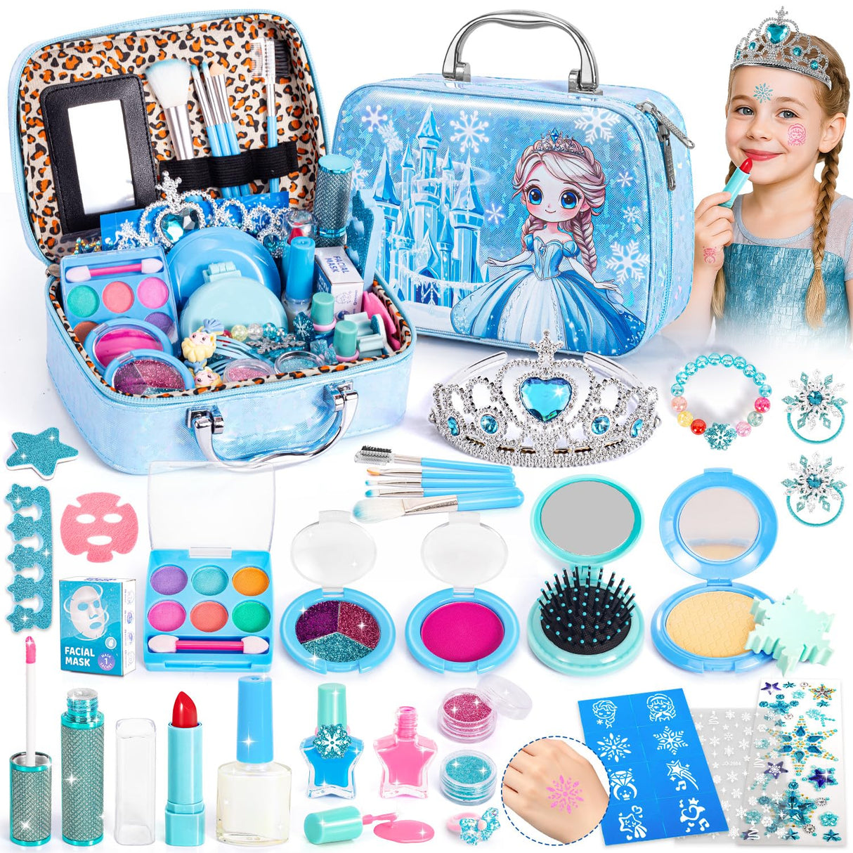Hohosunlar Kids Makeup Set for Girls Toys, 34Pcs Washable Princess Frozen Make Up Kit w/ Dress Up Accessories, Christmas Birthday Princess Gifts Toys for Girls Kids Toddlers Age 3 4 5 6 7 8 9 10 11 12