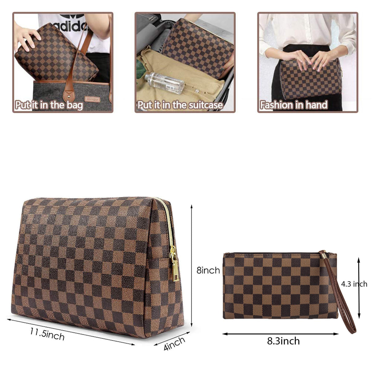 BAGCRAZY Makeup Bag, Cosmetic Bag, Portable Leather Large Checkered Makeup Bag, 2 Pack Large Capacity Travel Cosmetic Bag for Women, Lightweight Design and Waterproof Toiletries Bag Christmas Gifts