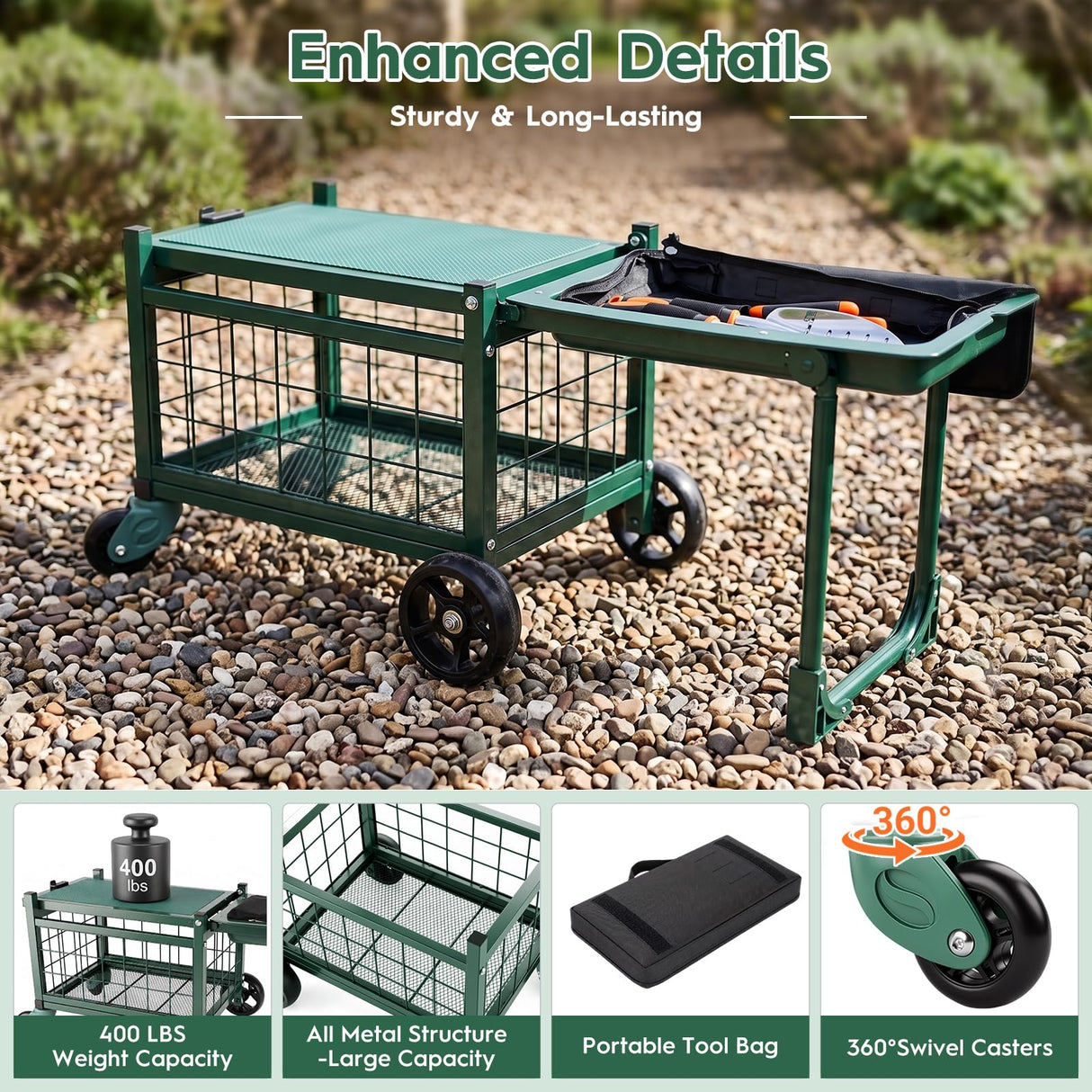 Rolling Garden Cart with Seat, Metal Garden Work Seat with 360° Swivel Wheels, Storage Basket, Workbench, and Tool Bag, Upgraded Heavy Duty Gardening Wagon and Stool for Seniors