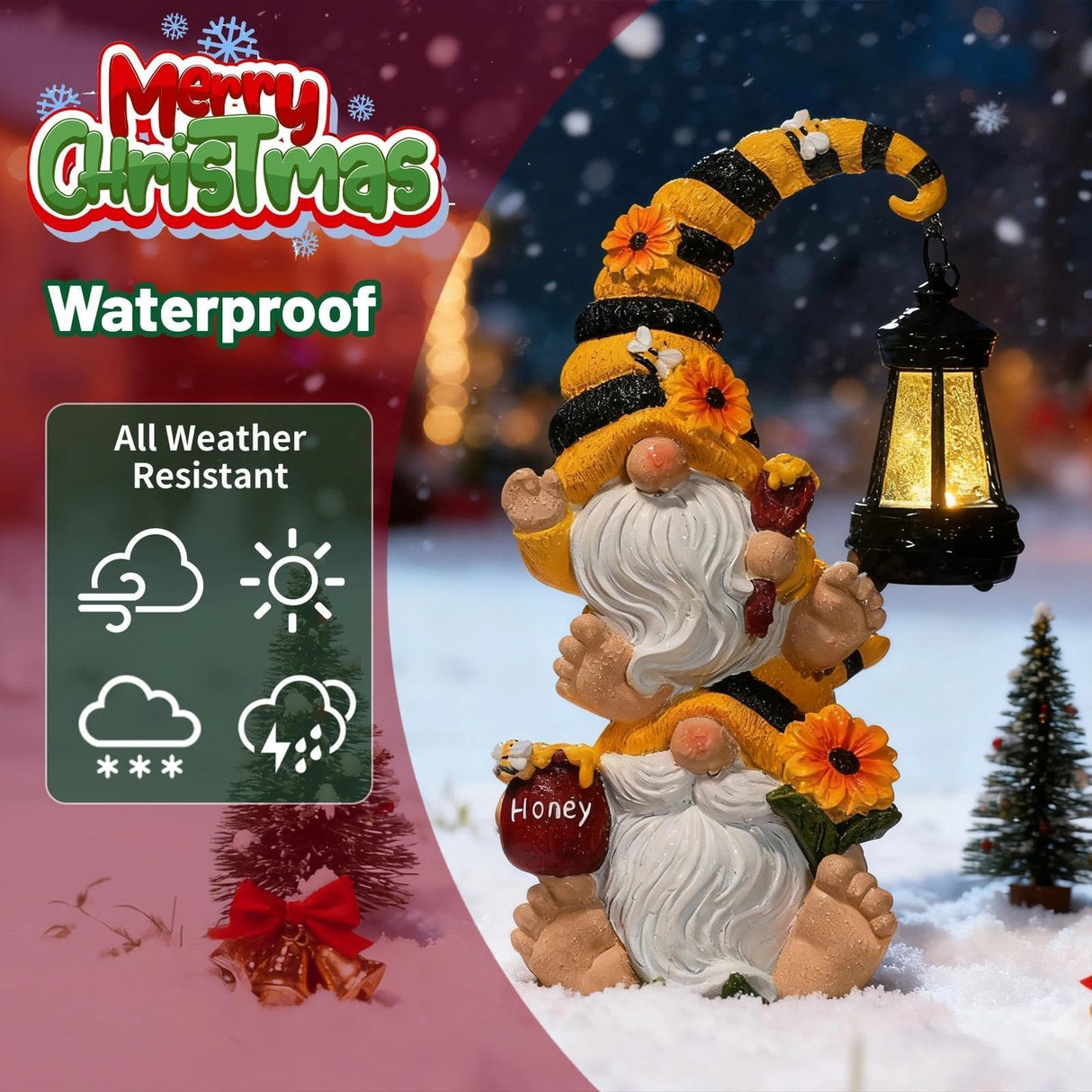 QZZP Solar Bee Garden Gnomes with LED Lantern – Waterproof Stacked Outdoor Decor for Yard, Patio – Unique Gnome Gift for Women, Mom, Grandma (Christmas Decor, Outdoor Statues)