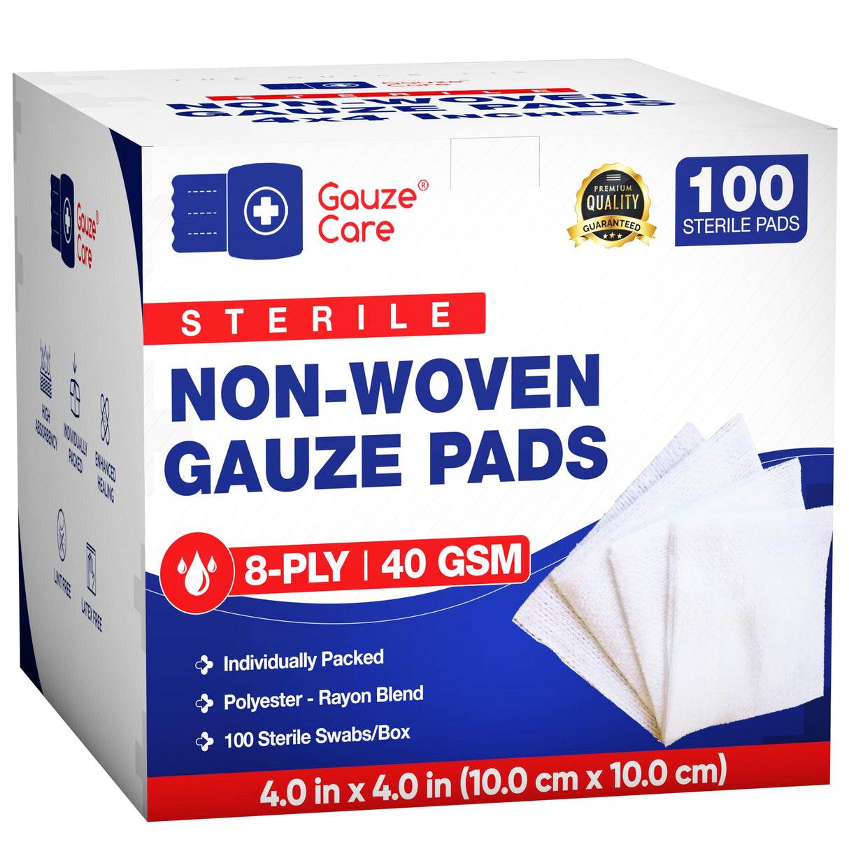 Gauze Care Non-Woven Sterile Gauze Pads 4x4, Pack of 100, 8-Ply, Soft, Lint-Free, Individually Wrapped, Sterile, Absorbent, Breathable, Perfect for Wound Care