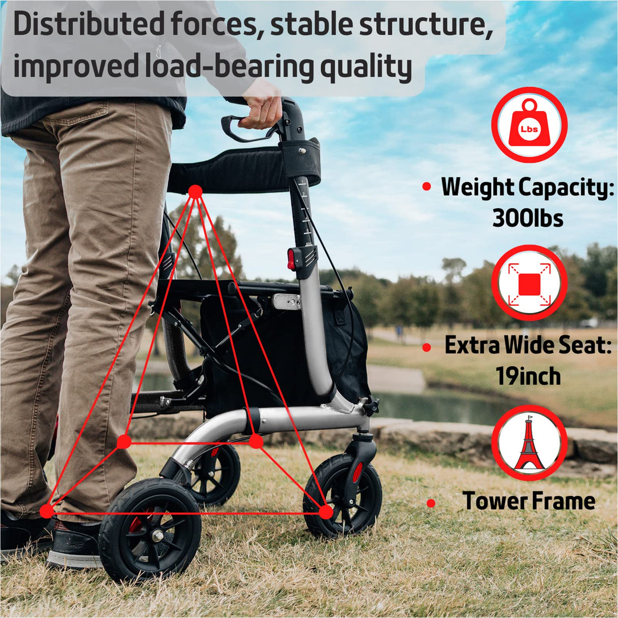 Henmnii Rollator Walker for Seniors, Lightweight Foldable All Terrain Rolling Walker with seat, Aluminum Walkers with 8 inch Rubber Wheels, Handles and Backrest for Seniors and Adult