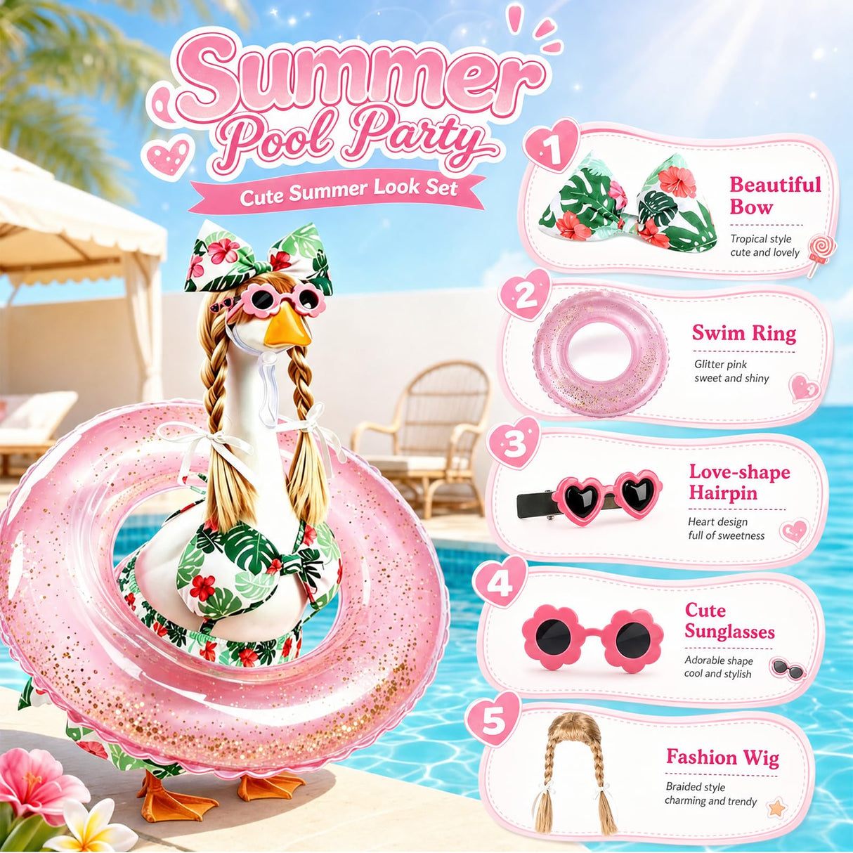 GJL Porch Goose Bikini Outfits with Inflatable Pool Ring, Sunglasses & Wig, Hawaiian Costume for 23 Inch Plastic Cement Goose Statue, Summer Porch Goose Outfit for Pool Party Yard Lawn Garden Decor