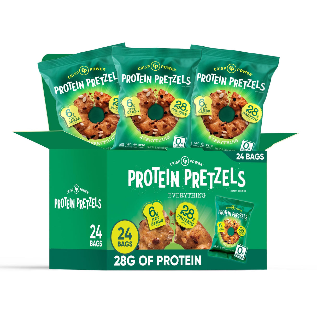 Crisp Power Protein Pretzels, Everything, High Protein Vegan Keto Snack, 28 G Plant Based Protein, Low Carb Crunchy Pretzel Snacks, Sugar Free, No Seed Oils, 1.75 oz Bags, 24 Pack