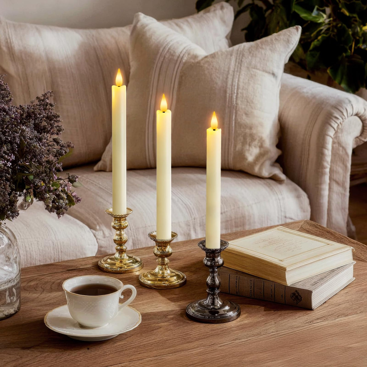 Meigic 12 Pcs Flameless Taper Candles with Remote Timer Dimmer, 9.6 inches Ivory Plastic LED Candlesticks, Battery Operated Led Warm Light Window Candles, for Wedding Home Christmas Decoration