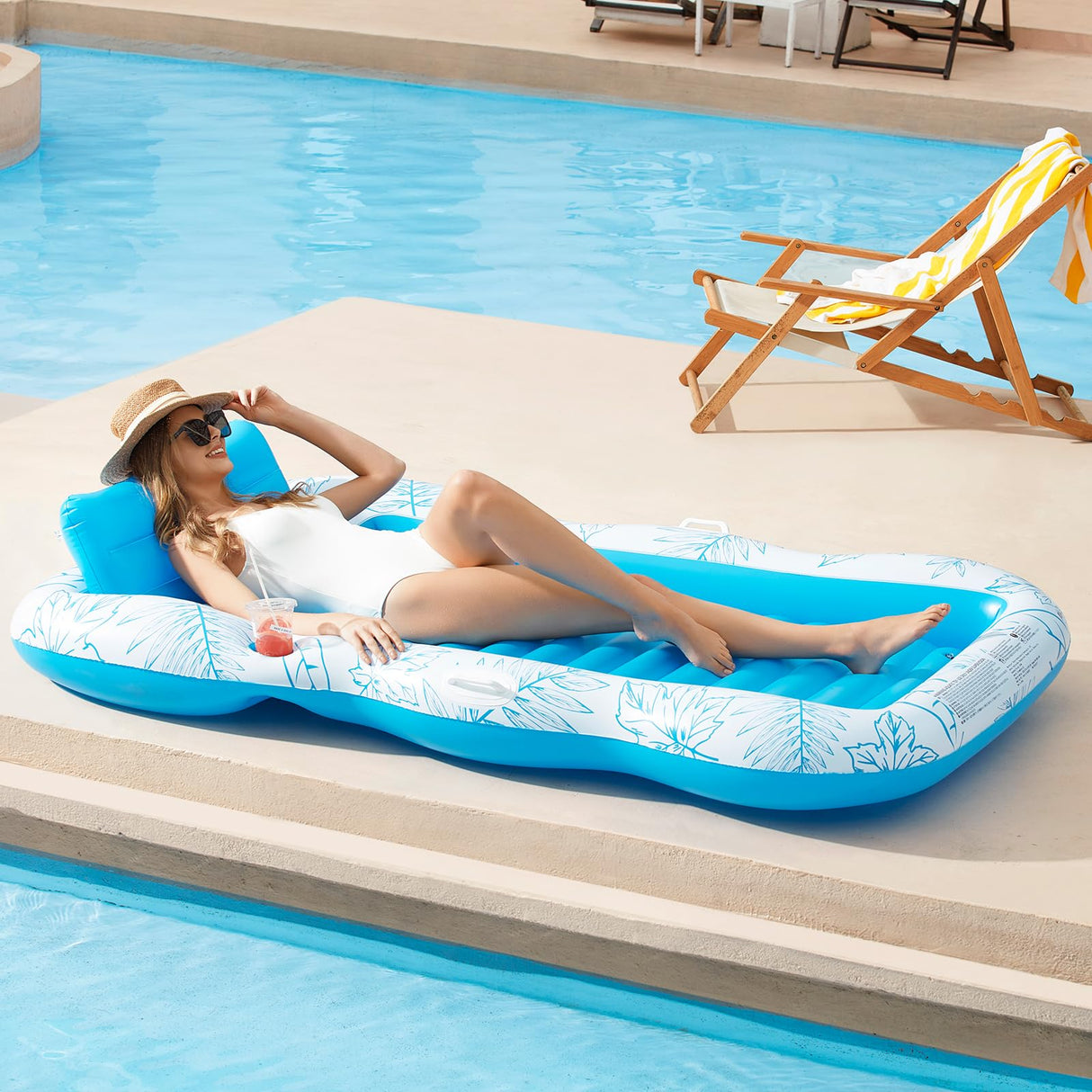 Inflatable Adult Pool Lounger Float - BAIAI Large Beach Sun Tanning Floaty Raft Sunbathing Water Lounge Floaties Tub with Drink Holder - Blow Up River & Lake Suntan Floating Swimming Mattress Mat(L)