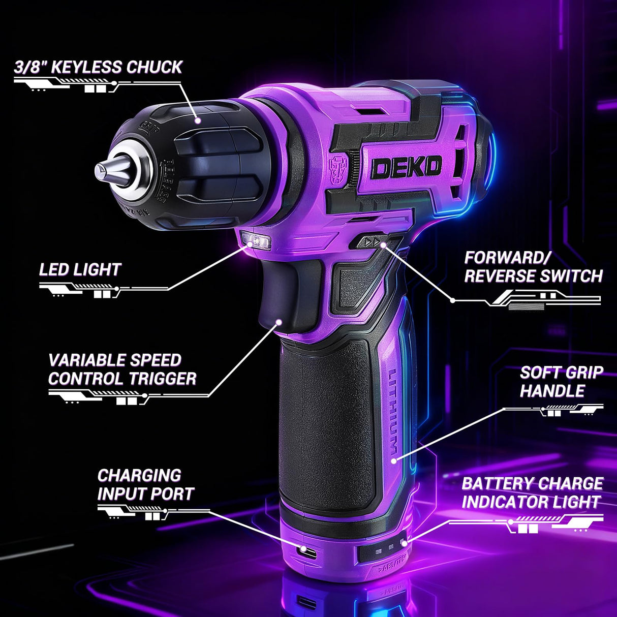 Cordless Drill:DEKOPRO 12V Power Drill Set 800RPM Electric Drills Small Drills with 3/8-inch Keyless Chuck and Portable Tool Set Gift Box (Purple)