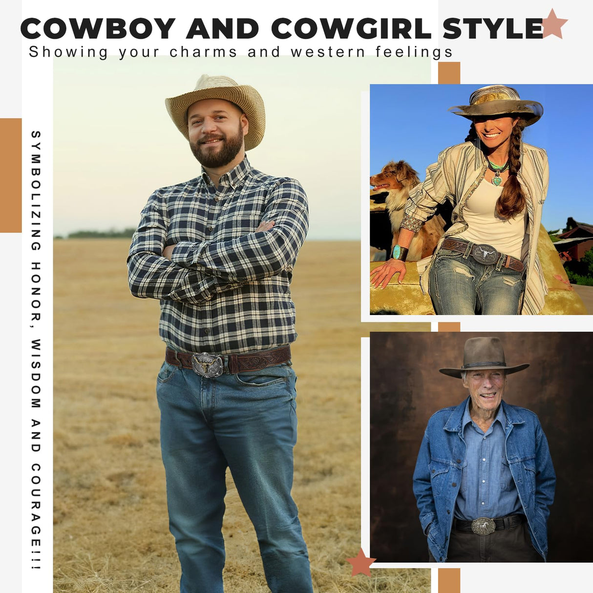 BELTROAD Western Leather Buckle Belt for Men Women Cowboy Cowgirl Leather Mens Belts for Jeans Embossed Men's Birthday Christmas Belts Gifts